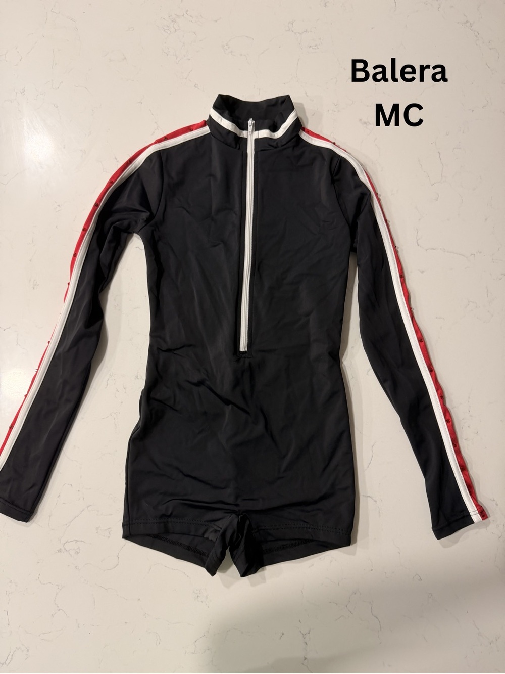 balera Black Long-Sleeve Zip Front Dance Unitard with Red & White Sleeve Stripes